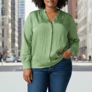NEW Vince Womens Crinkle Textured Long Sleeve Blouse Green Satin Career Size 2X